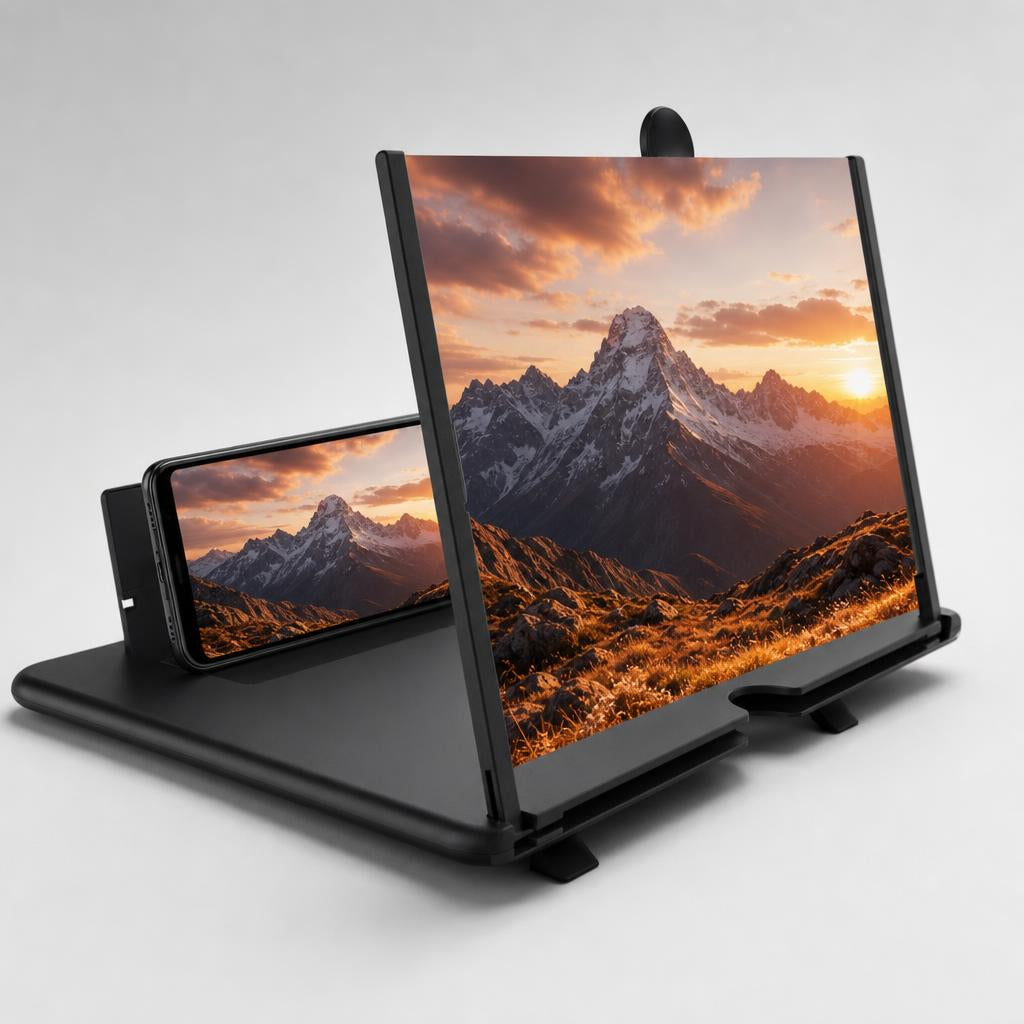 Amplificador de pantalla para móvil negro, vista en ángulo con imagen de montañas ampliada